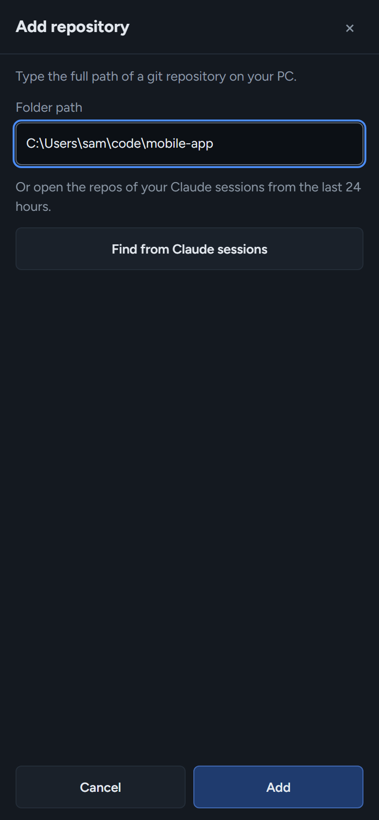 Add repository: type the full path of a git repository on your PC.