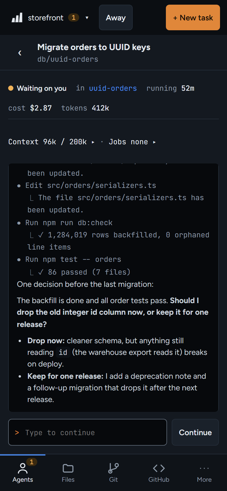 The Agents view: every session in the repo, with the selected agent's terminal on the right.