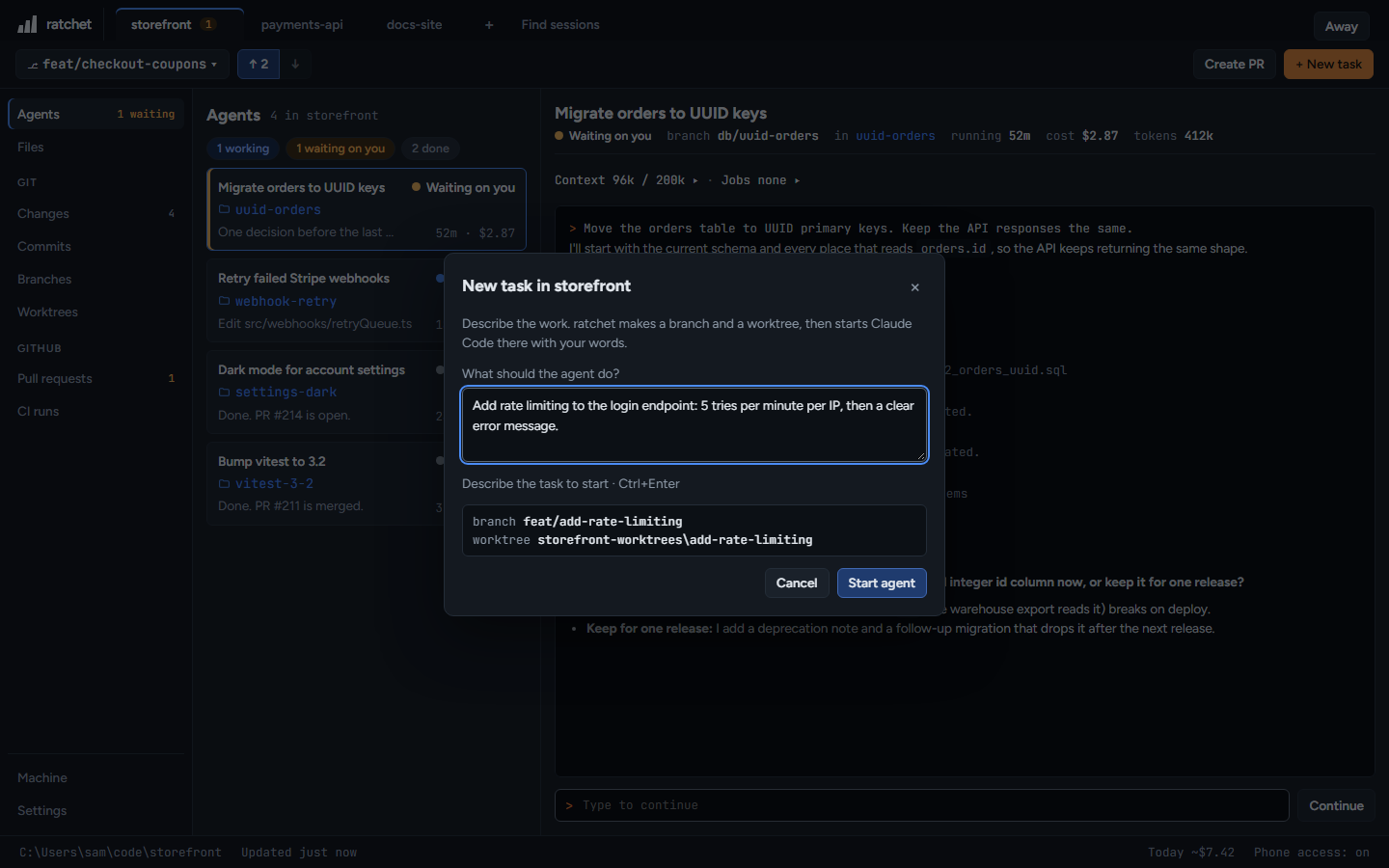 New task: the preview shows the branch and folder before you start.