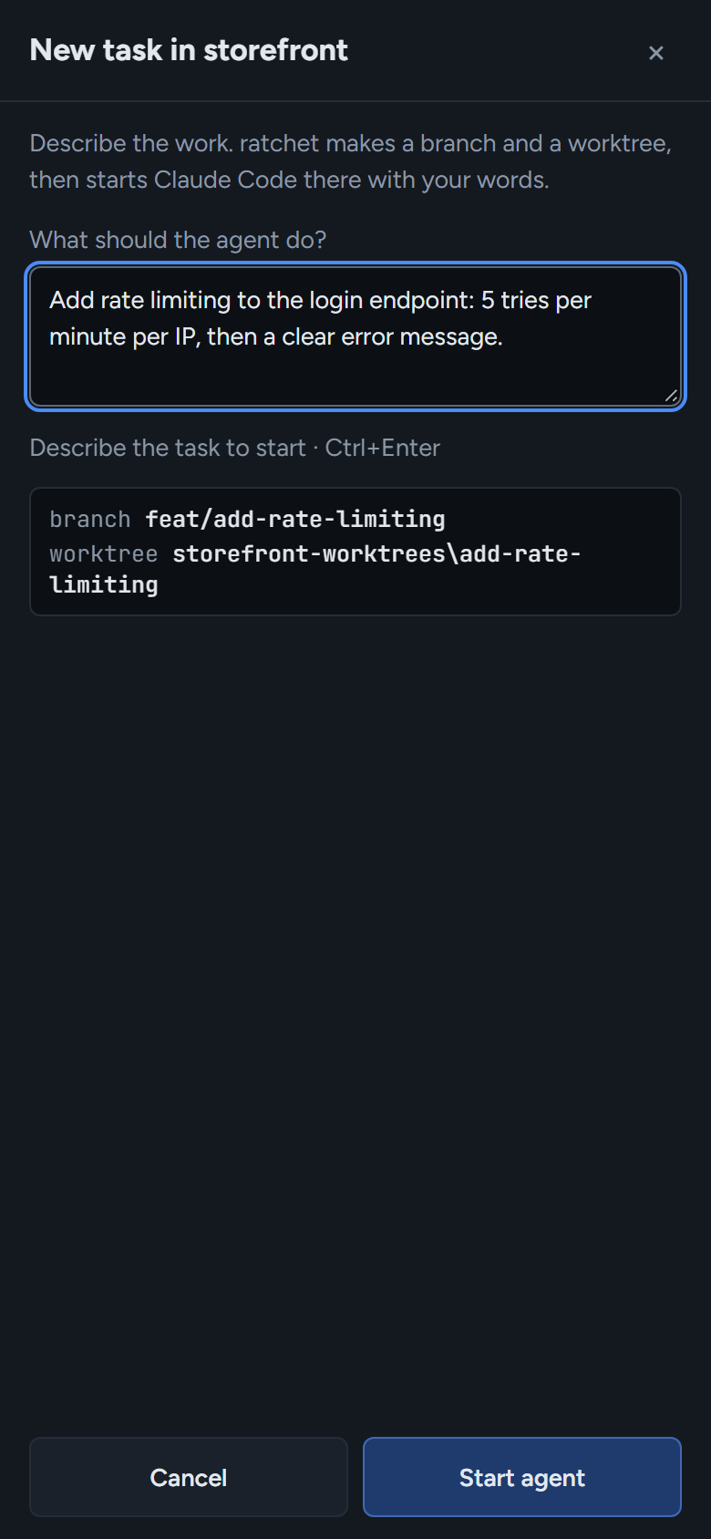 New task: the preview shows the branch and folder before you start.