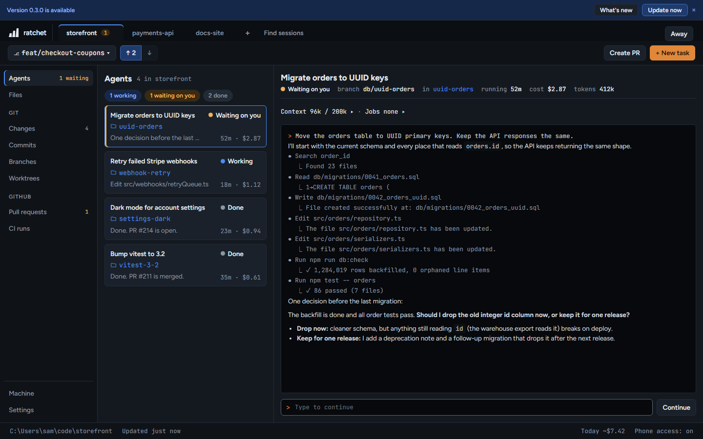 The update banner at the top of the page, with What's new and Update now.