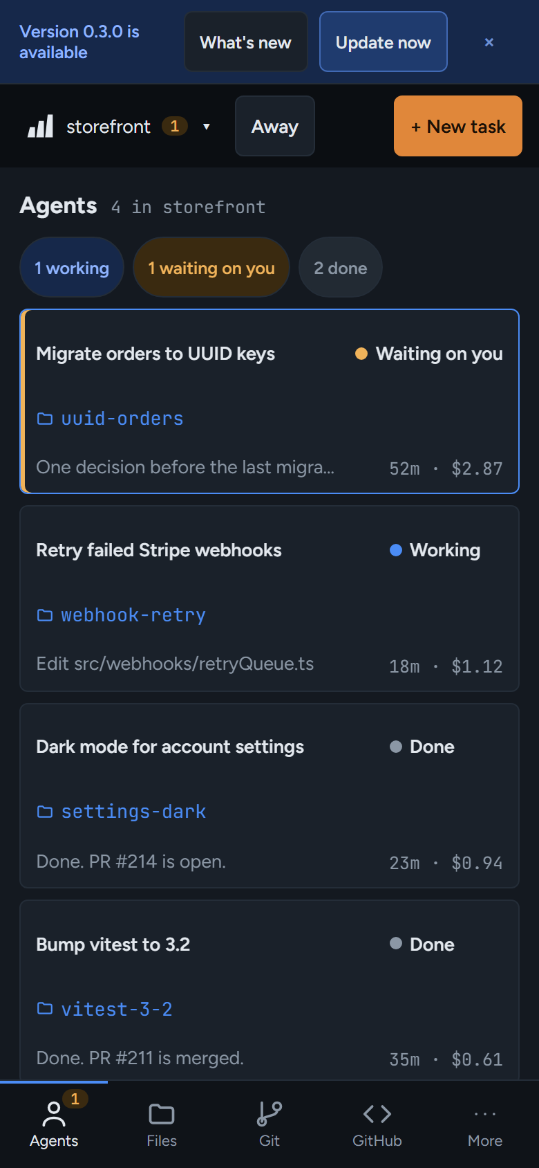 The update banner at the top of the page, with What's new and Update now.