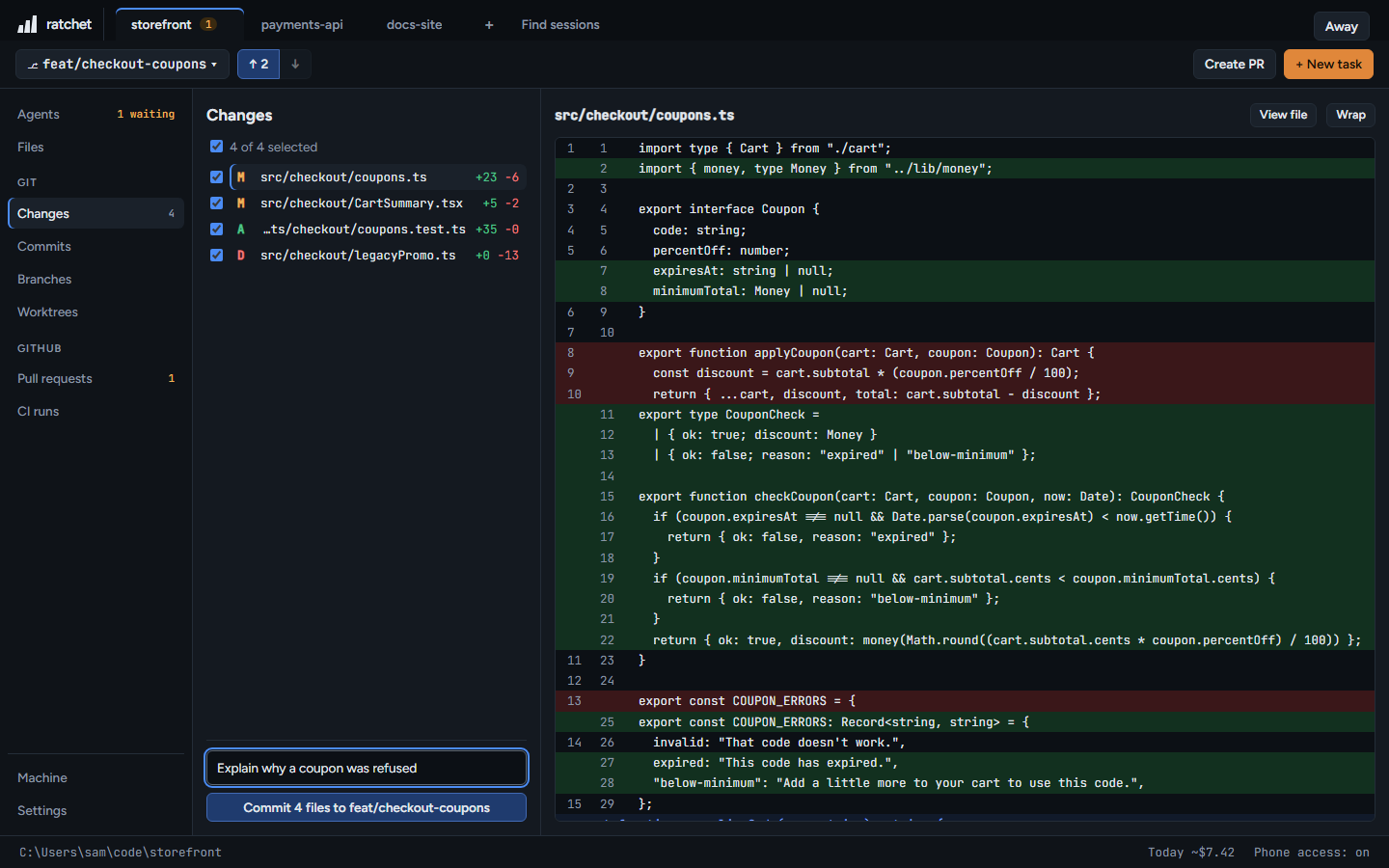 Changes: tick files on the left, read the diff on the right, commit at the bottom.