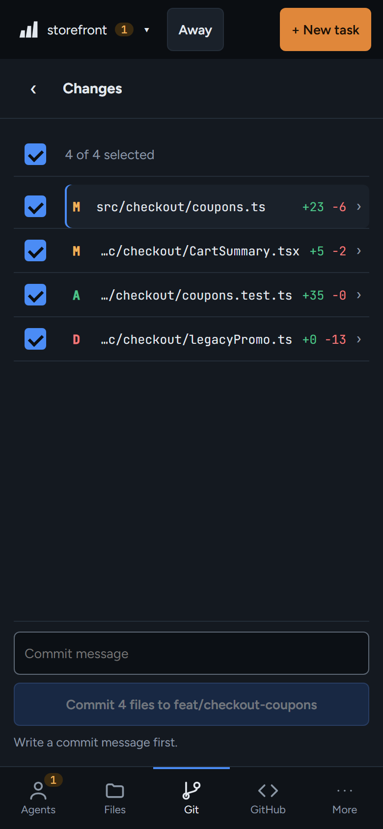 Changes: tick files on the left, read the diff on the right, commit at the bottom.