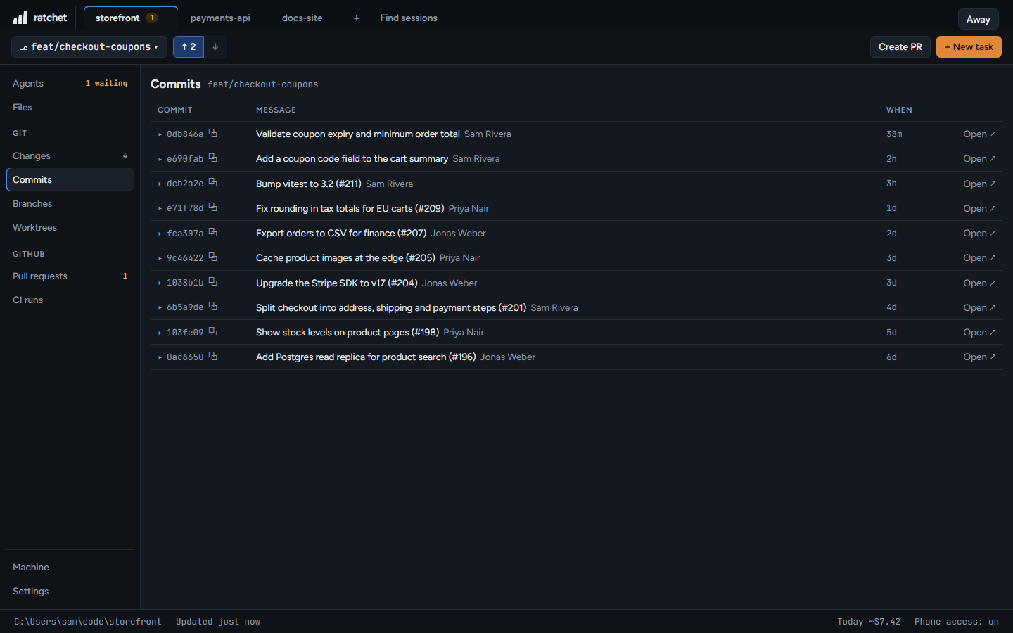 Commits: recent history with authors and times.