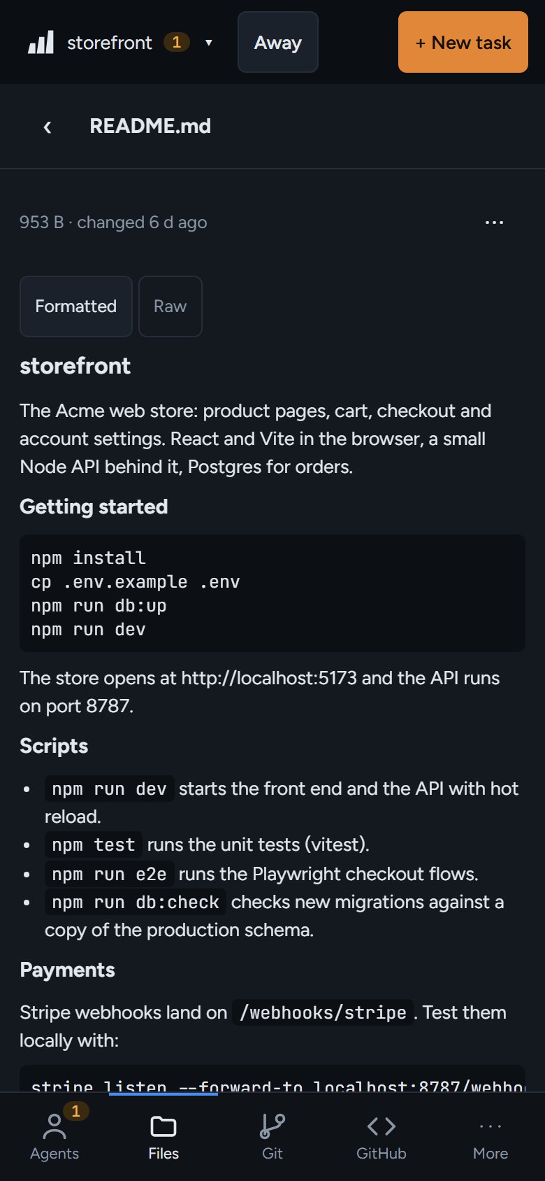 Files: the tree, a file with syntax highlighting, and its actions.