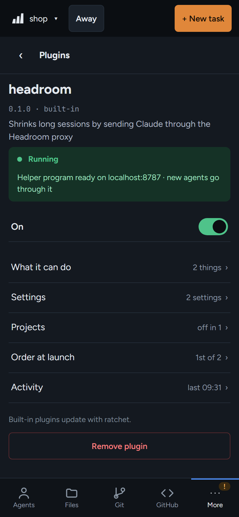 Plugins: the list on the left, grouped by Needs you, On and Off. Headroom is open on the right.