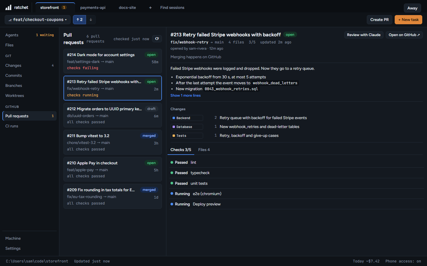 A pull request: checks, changed files grouped by area, and Review with Claude.