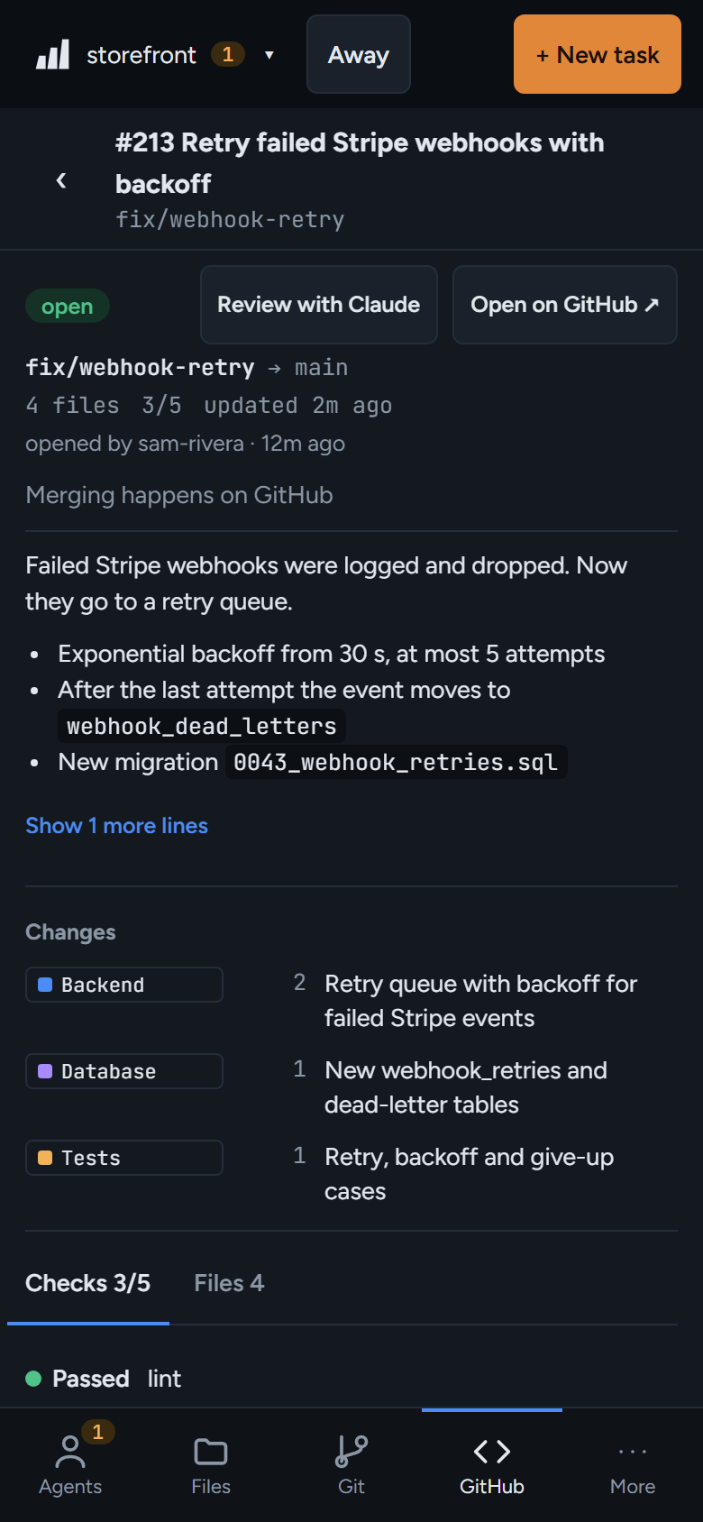 A pull request: checks, changed files grouped by area, and Review with Claude.
