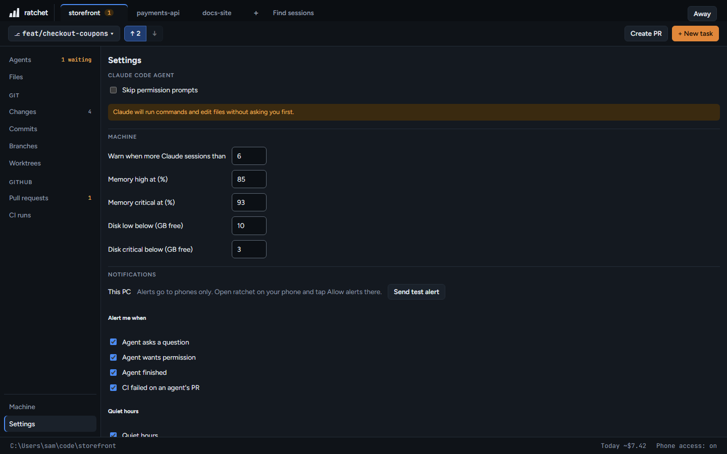 Settings: agents, machine warnings, notifications and cleanup.