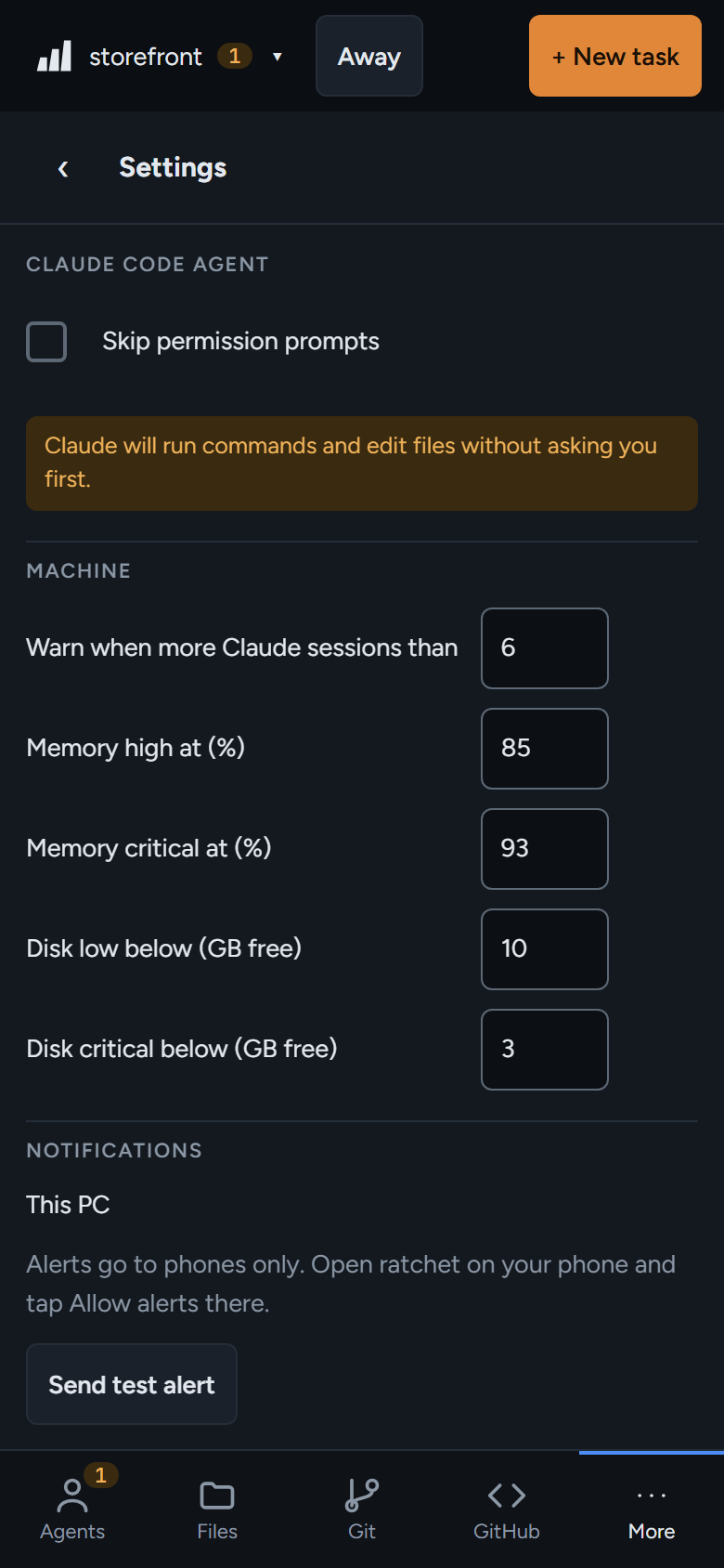 Settings: agents, machine warnings, notifications and cleanup.