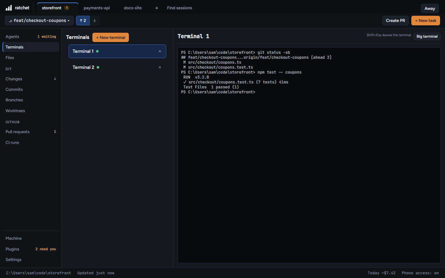 PC screenshot of ratchet, terminals view