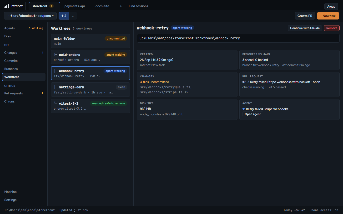Worktrees: the agent in each folder, its progress, PR and disk size.